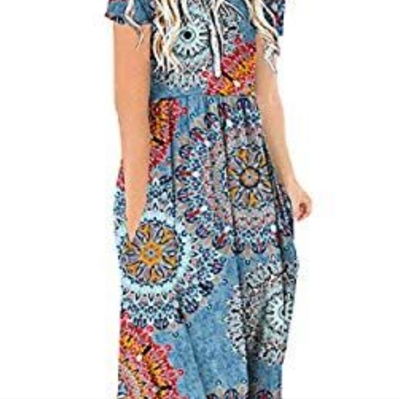 DB Moon Blue Multicolor Mandala Pattern Boho Short Sleeve Dress/Size L - Picture 6 of 11